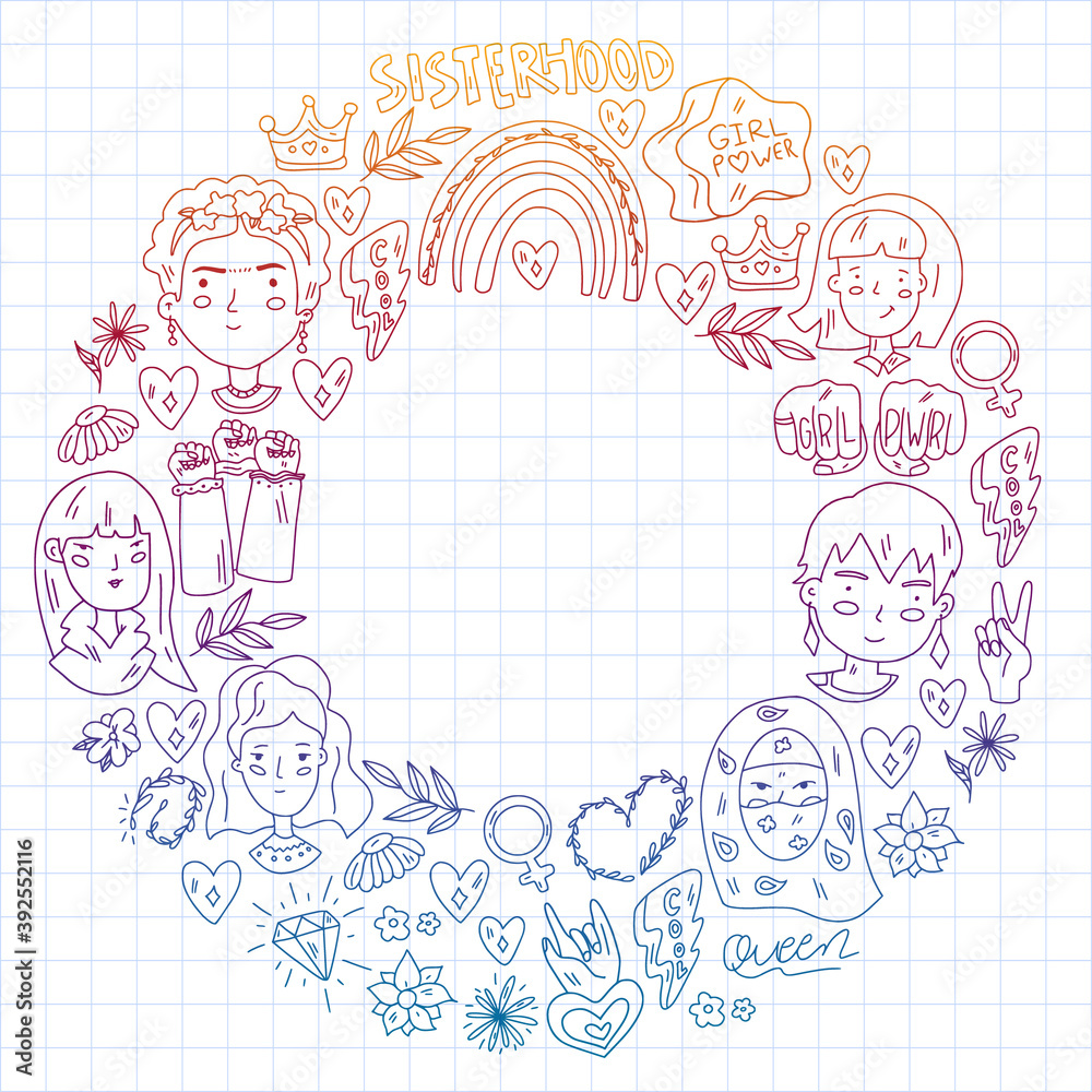 Fototapeta premium Feminism vector pattern. Fight for women rights. Hand lettering quotes.