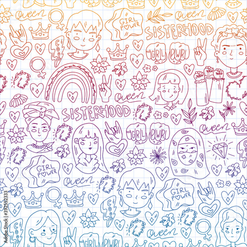 Feminism vector pattern. Fight for women rights. Hand lettering quotes.