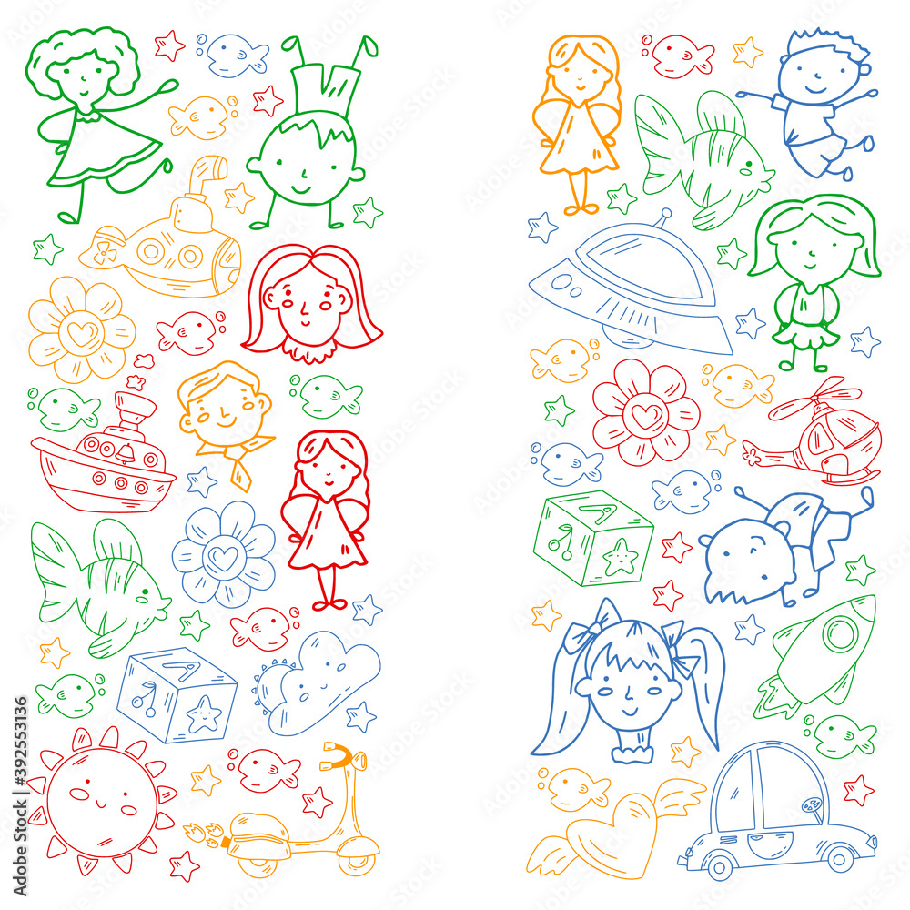 Doodle set of objects for kids. Toys and boys and girls. Kindergarten children. Vector outline icons