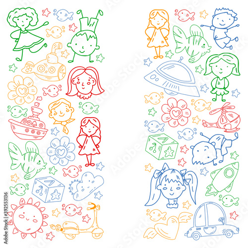 Doodle set of objects for kids. Toys and boys and girls. Kindergarten children. Vector outline icons