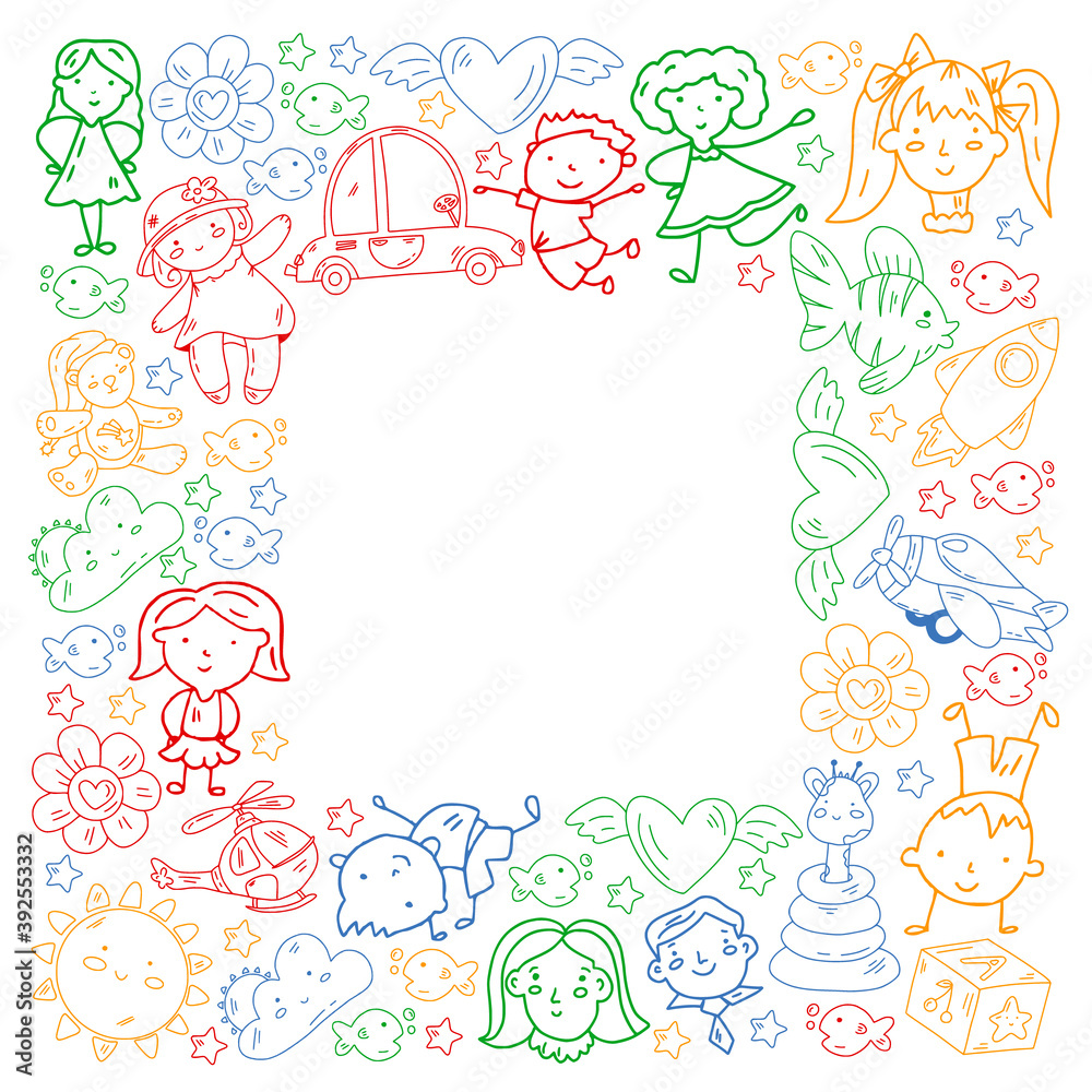 Doodle set of objects for kids. Toys and boys and girls. Kindergarten children. Vector outline icons