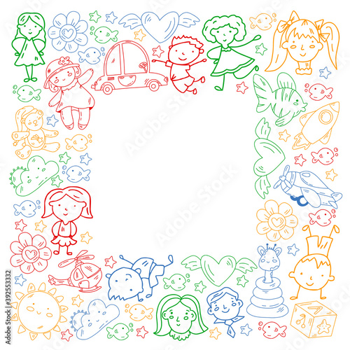 Doodle set of objects for kids. Toys and boys and girls. Kindergarten children. Vector outline icons