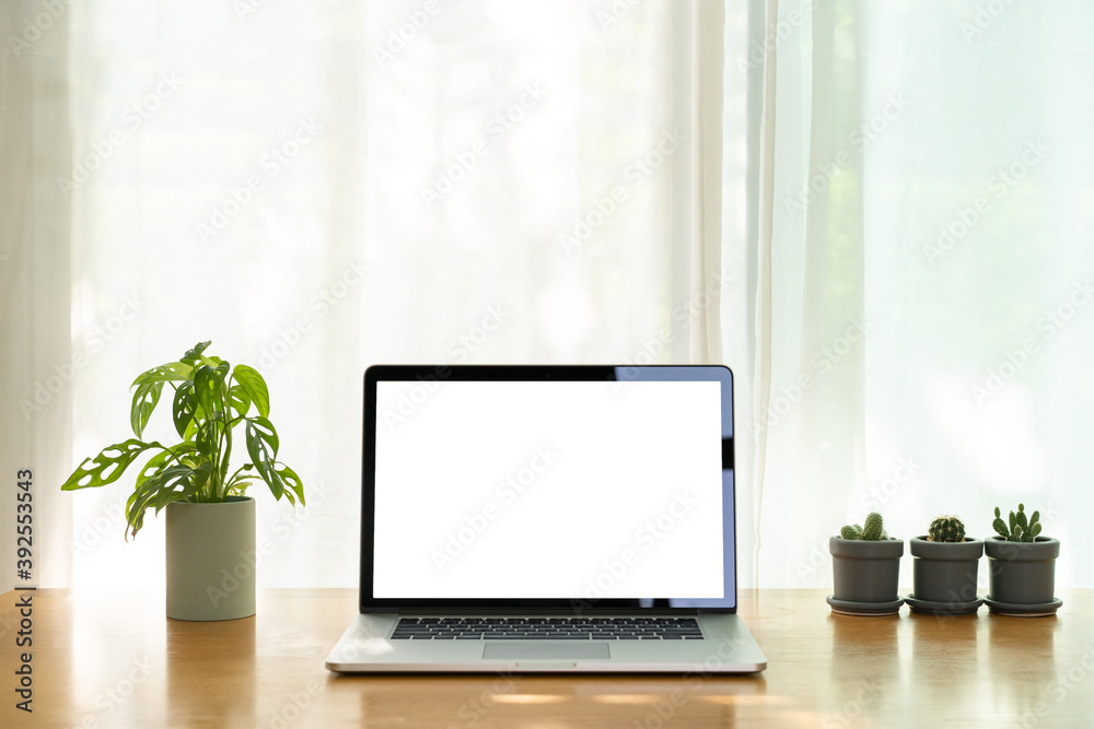 Isolated laptop computer screen with clipping path, minimal modern style of workspace at home with laptop computer, books, and decorate plant included cactus and Monstera Obliqua.