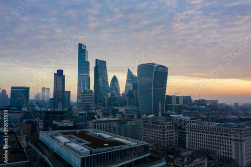 This panoramic photo of the City Square Mile financial district of London shows many iconic skyscrapers including the newly completed 22 Bishopsgate tower