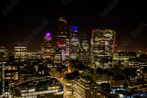 London city skyline at night drone view 