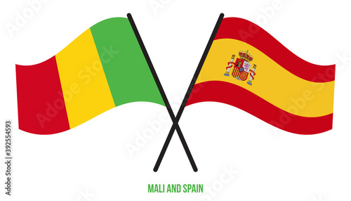 Mali and Spain Flags Crossed And Waving Flat Style. Official Proportion. Correct Colors.