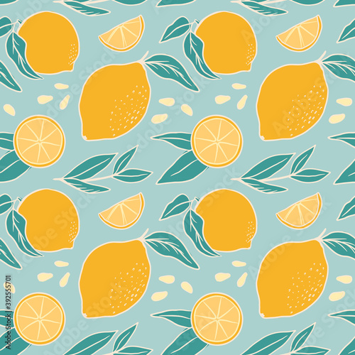 Flat seamless pattern with yellow lemons. Fruit vector pattern on blue background. Perfect for fabric, clothes, wallpaper, wrap paper