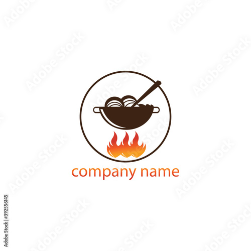 Cooking logo illustration, frying pan and fire design template vector