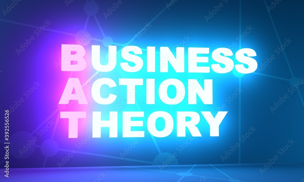 BAT - Business action theory acronym. Business concept background. 3D rendering. Neon bulb illumination