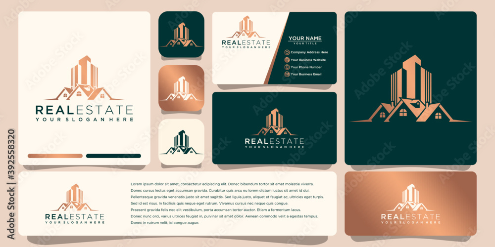 vector real estate gold logo with business card design Stock Vector ...