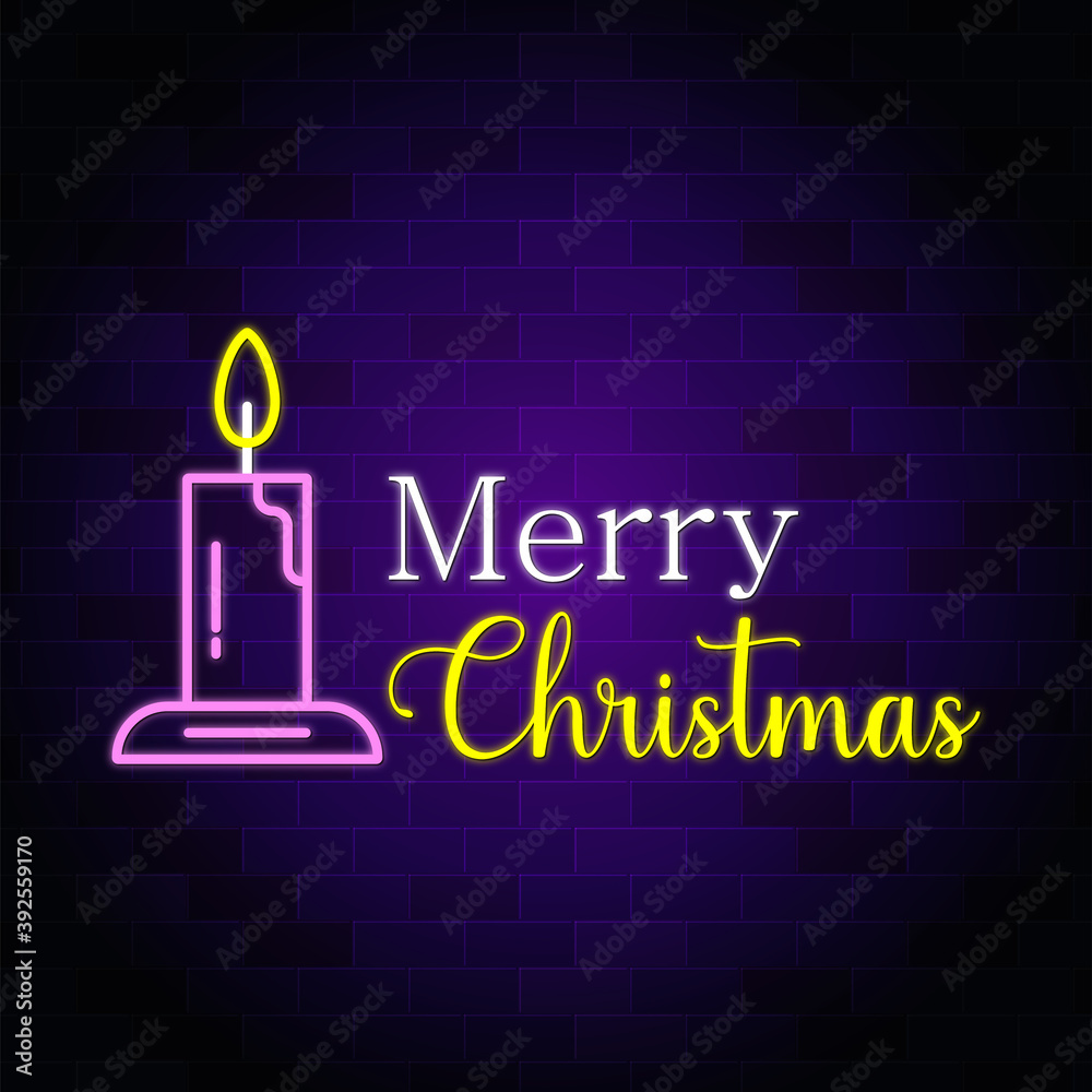 Obraz premium Merry Christmas neon text design with a candle. Christmas wallpaper.