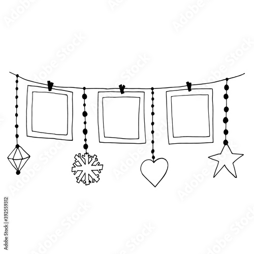 frames, heart, star, snowflake hang on clothespins on a thread sketch hand drawn doodle. template poster, card, decor, vector, monochrome, minimalism, love, valentine day.