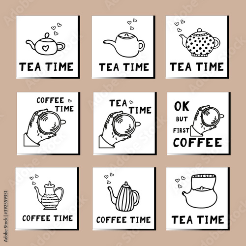 coffee tea time set template card, poster, invitation. sketch hand drawn doodle. vector scandinavian monochrome minimalism. kettle, teapot, drink, cozy.