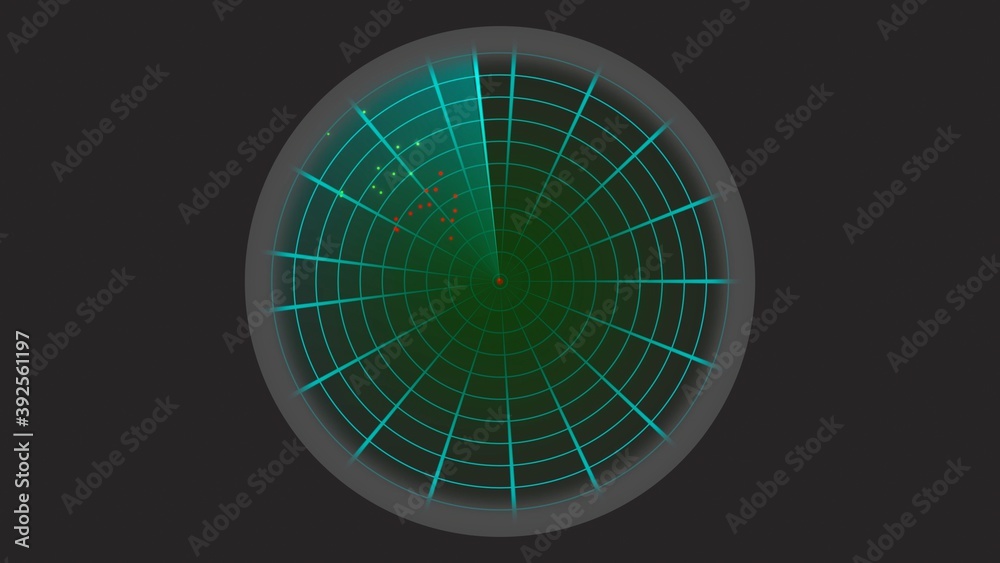 Radar HUD Screen Animation with moving targets. Sonar Screen For Submarines And Ships. Radar Sonar With Object On Map. Futuristic HUD Navigation monitor, 3D render
