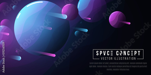 Futuristic deep space cartoon background. Cosmic concept. Flying comets and planets group. Waves pattern. Cover or brochure template. Vector illustration