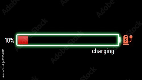 Electric Charging Progress bar, electric vehicle or phone battery indicator showing an increasing battery charge. The battery indicator shows it fills up to 10%