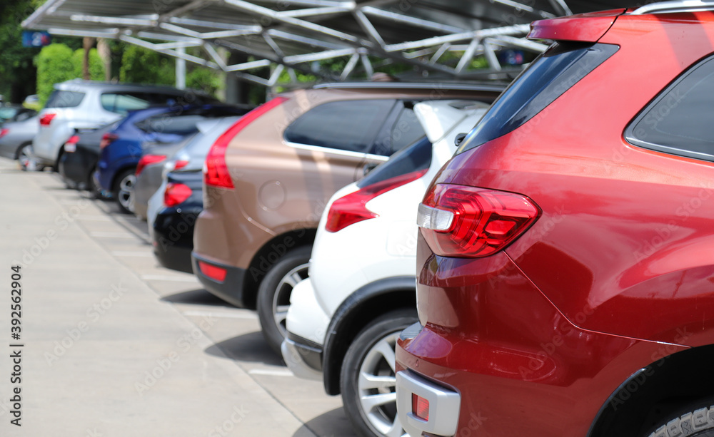 Closeup of rear side of red car and other cars park in parking area in sunny day. 