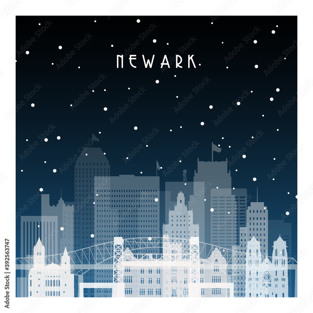 Winter night in Newark. Night city in flat style for banner, poster, illustration, background.