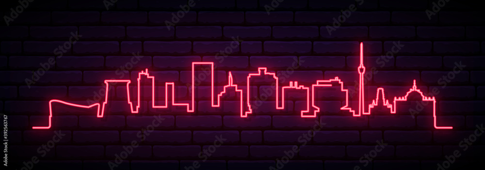 Obraz premium Red neon skyline of Stuttgart. Bright Stuttgart City long banner. Vector illustration.
