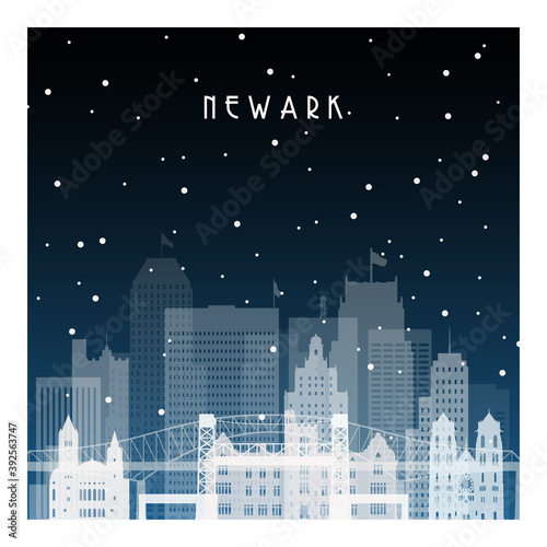 Winter night in Newark. Night city in flat style for banner  poster  illustration  background.