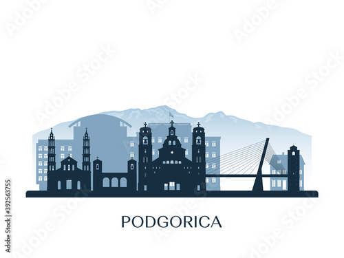 Podgorica, Montenegro skyline, monochrome silhouette. Vector illustration.