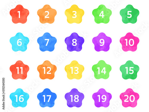 Watercolor textured colorful number icon set. Vector illustration. 1 to 20.