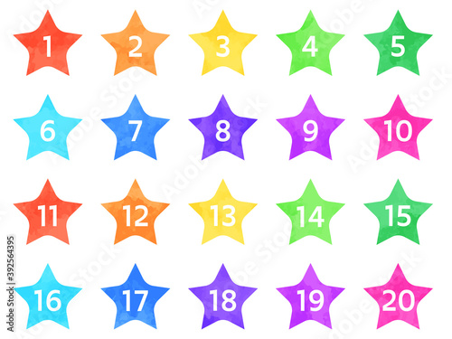 Watercolor textured colorful number icon set. Vector illustration. 1 to 20.