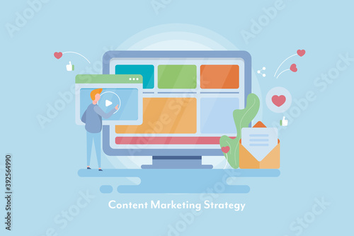 Customer marketing and management, customer relationship, engaging new customer with digital media marketing concept. Flat design web illustration with character.