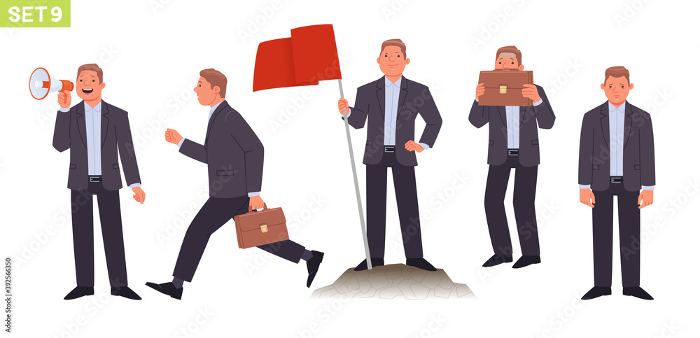 Businessman character set. Man manager in various posess and situations. The person speaks into a megaphone, promotion, runs Businessman character set. Man manager in various posess and situations. The person speaks into a megaphone, promotion, runs