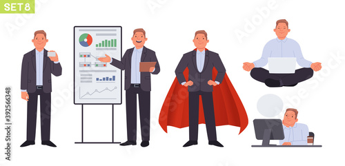 Businessman character set. Man manager in various poses and situations. Person shows a business card, presentation, a superhero in a raincoat