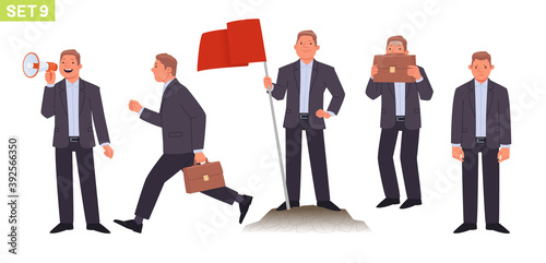 Businessman character set. Man manager in various posess and situations. The person speaks into a megaphone, promotion, runs