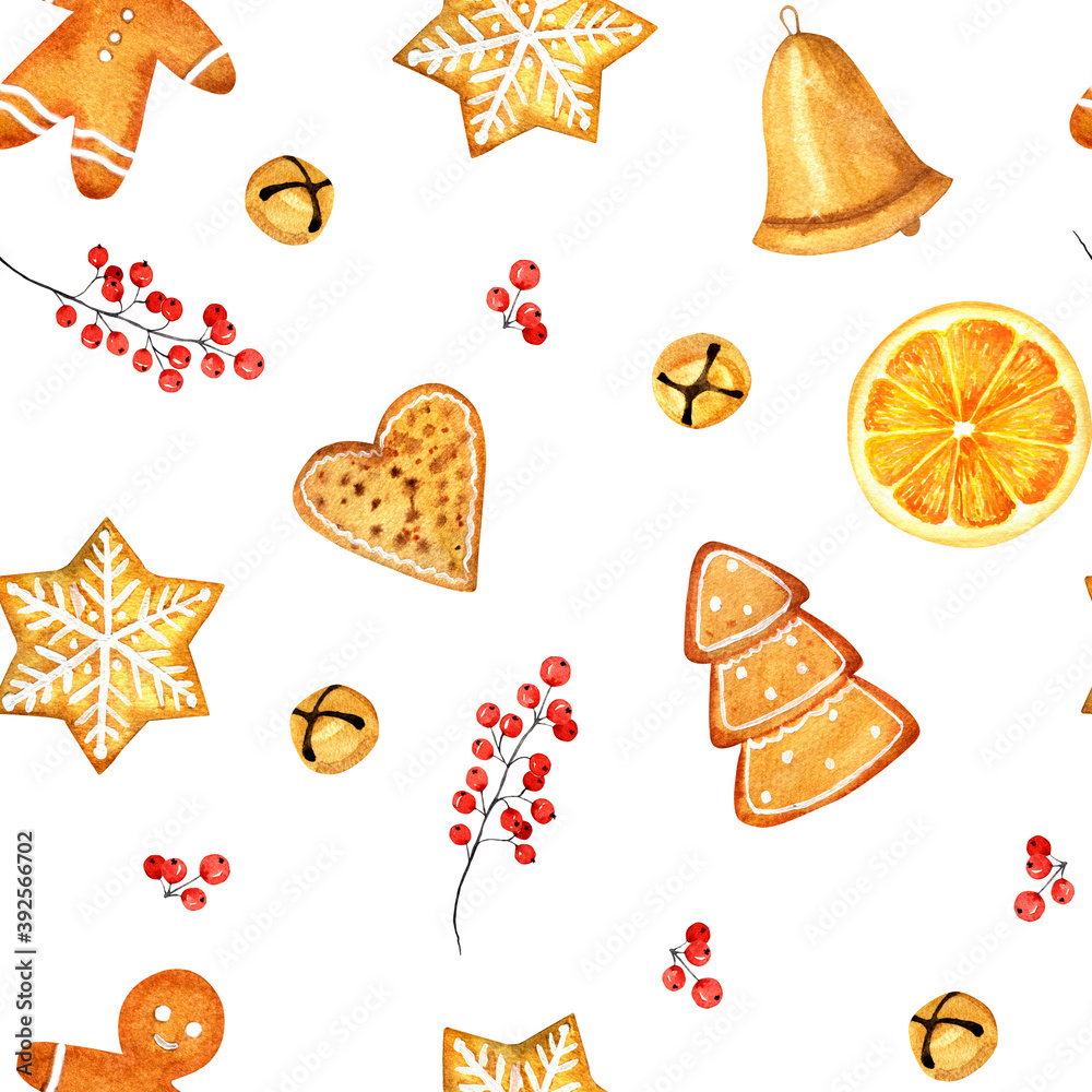 Watercolor Christmas seamless pattern with toys, gingerbread, bells on a white background. For packaging, invitations, greeting cards, textiles. Watercolor Christmas seamless pattern with toys, gingerbread, bells on a white background. For packaging, invitations, greeting cards, textiles.