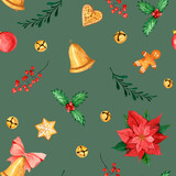 Watercolor Christmas seamless pattern with toys, gingerbread, bells, poinsettia on a green background. For packaging, invitations, greeting cards, textiles.