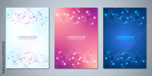 Templates brochure or cover book, page layout, flyer design with abstract background of molecular structures and DNA strand. Concept and idea for innovation technology, medical research, science.
