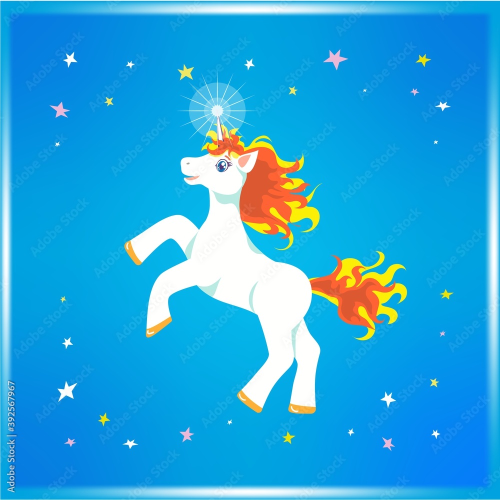 Joyful cartoonish white blue-eyed unicorn with fly-away yellow and orange mane and tail, prancing and rearing up in colourful stars in shiny blue sky. Flat vector illustration for prints, decor.
