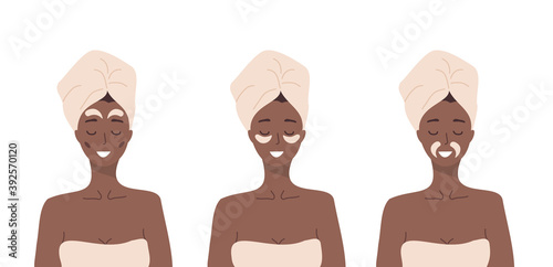 How to use eye patches. African woman relaxing home. Skin care concept. Organic products. Vector illustration in flat cartoon style.