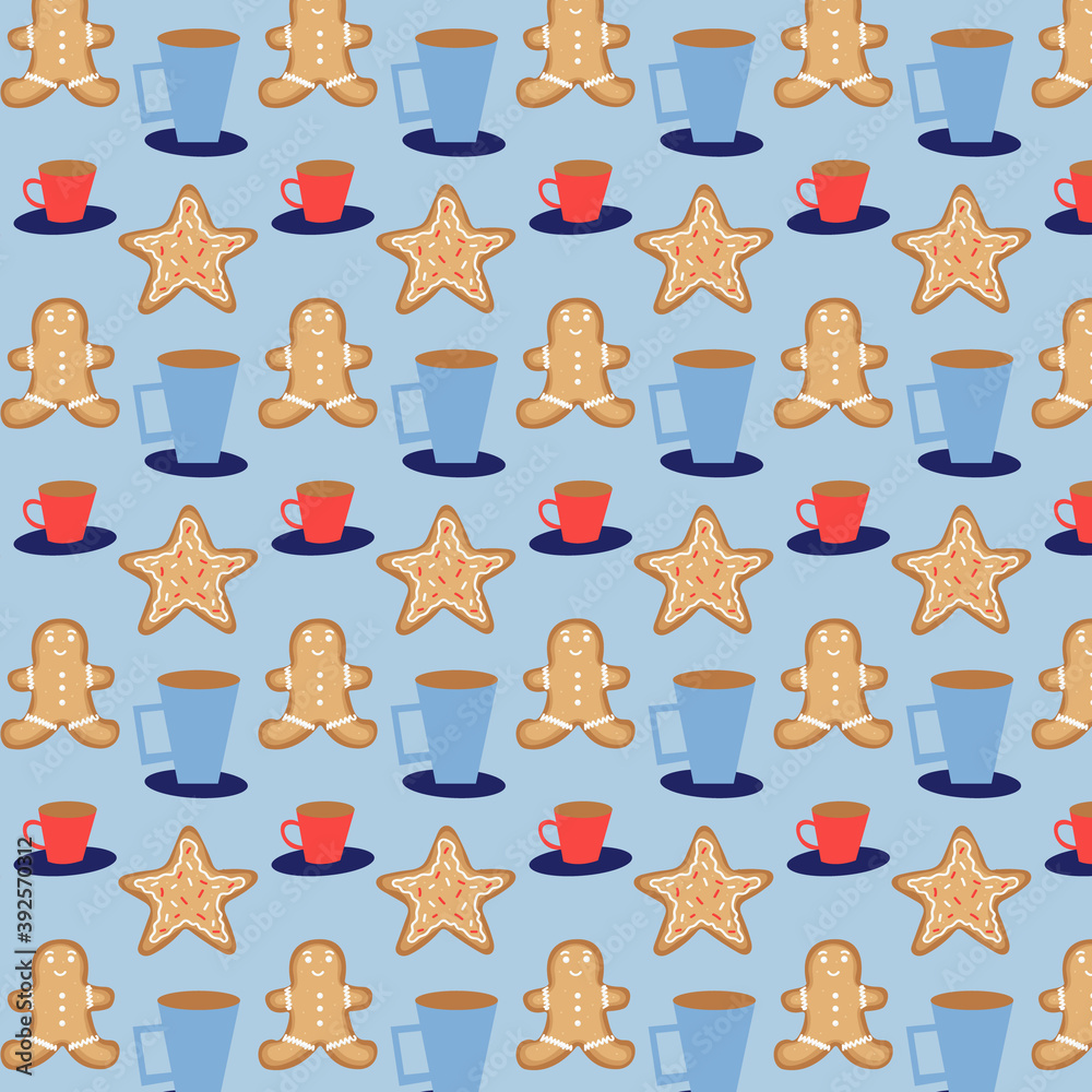 Seamless vector pattern of Christmas gingerbread and mugs. Christmas gift blue background