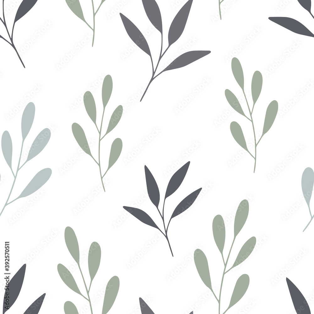 Seamless floral pattern with leaves and branches. Spring illustration for fabric, banner, card, wedding decor, invitation, wallpaper, room decor, clothes design, home textile. Simple flat style.