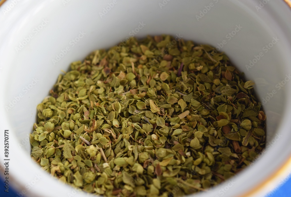 dried thyme in detail view in a bowl dried thyme in detail view in a bowl
