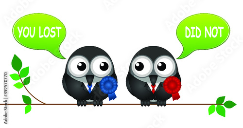 Comical bird politicians arguing who won the election perched on a branch isolated on white background