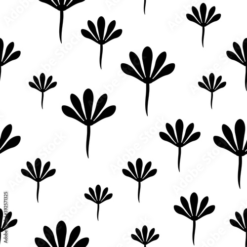 Floral seamless pattern texture with black hand drawn flowers. White background.