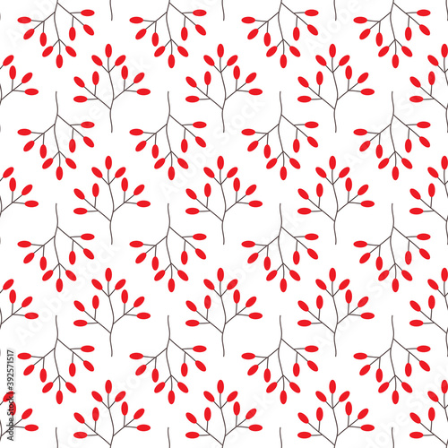 Floral seamless pattern texture with red berries branches. White background. Vector illustration with sprigs. Perfect for printing on fabric or