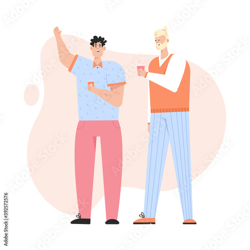 Two young guys talking, drinking coffee and smiling