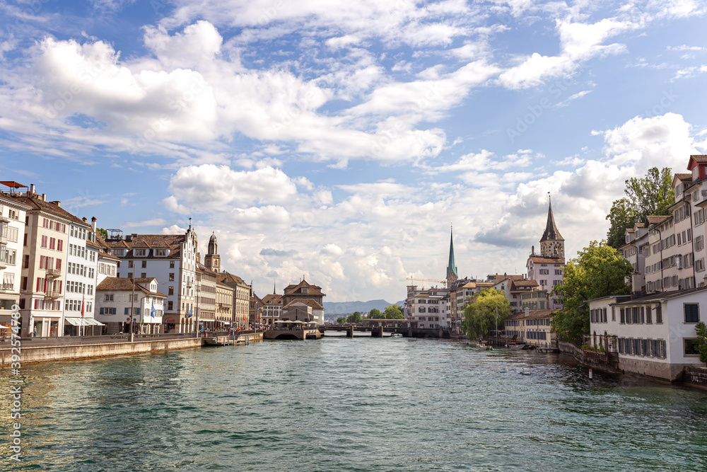  View of Zurich city center  and river Limmat in Switzerland.