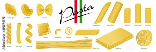 Bannière d’une collection de pâtes italiennes sur un fond blanc avec en légende le nom de chaque forme. photo