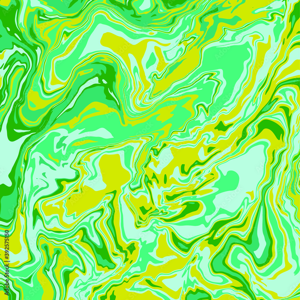 Fluid art texture. Abstract background with swirling paint effect. Liquid acrylic picture that flows and splashes. Mixed paints for interior poster. green, yellow, blue overflowing colors