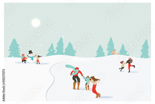 Web Vector illustration of a Christmas winter holidays landscape postcard.Retro color of winter landscape of people skating activities at iced lake with kids, snowman.Concept of winter activities.