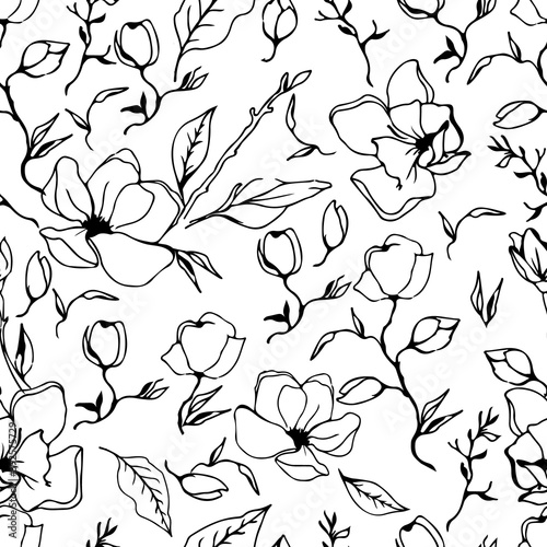 outline flowers of magnolia seamless pattern. black handwritten magnolia branches, leaves. Stock vector illustration isolated on white. For gift wrapping, wallpaper, scrubbing, textile, web page