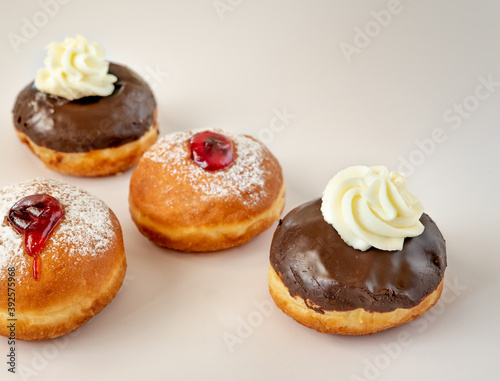 Close up of fresh donuts for Hanukkah celebration. Selective focus.