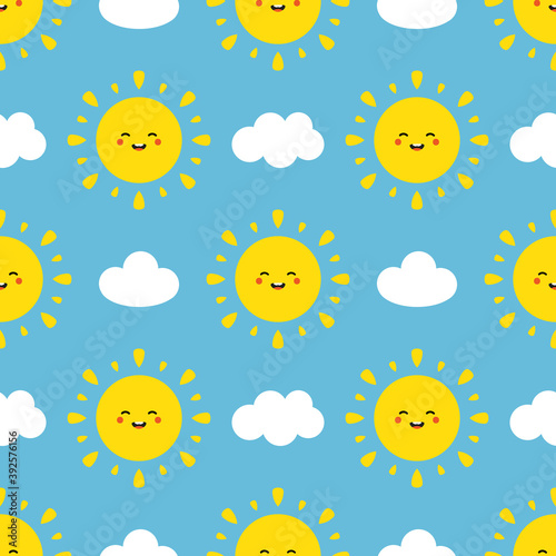 Cute cartoon style smiling sun characters and clouds vector seamless pattern background for weather design.